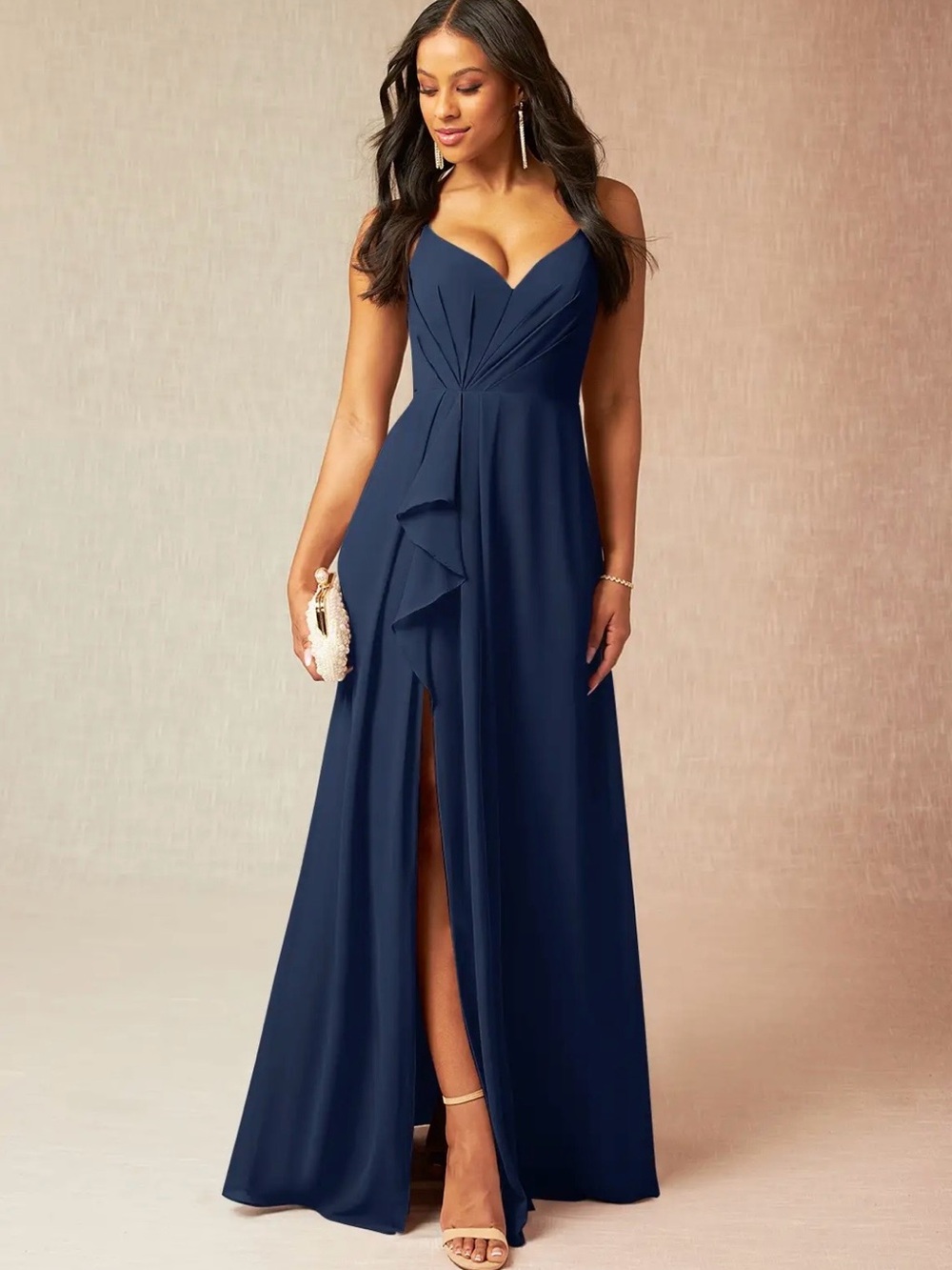 Azazie Navy Blue Chiffon Maxi Dress Open Back Formal Gown Size 12 NWT Bridesmaid
